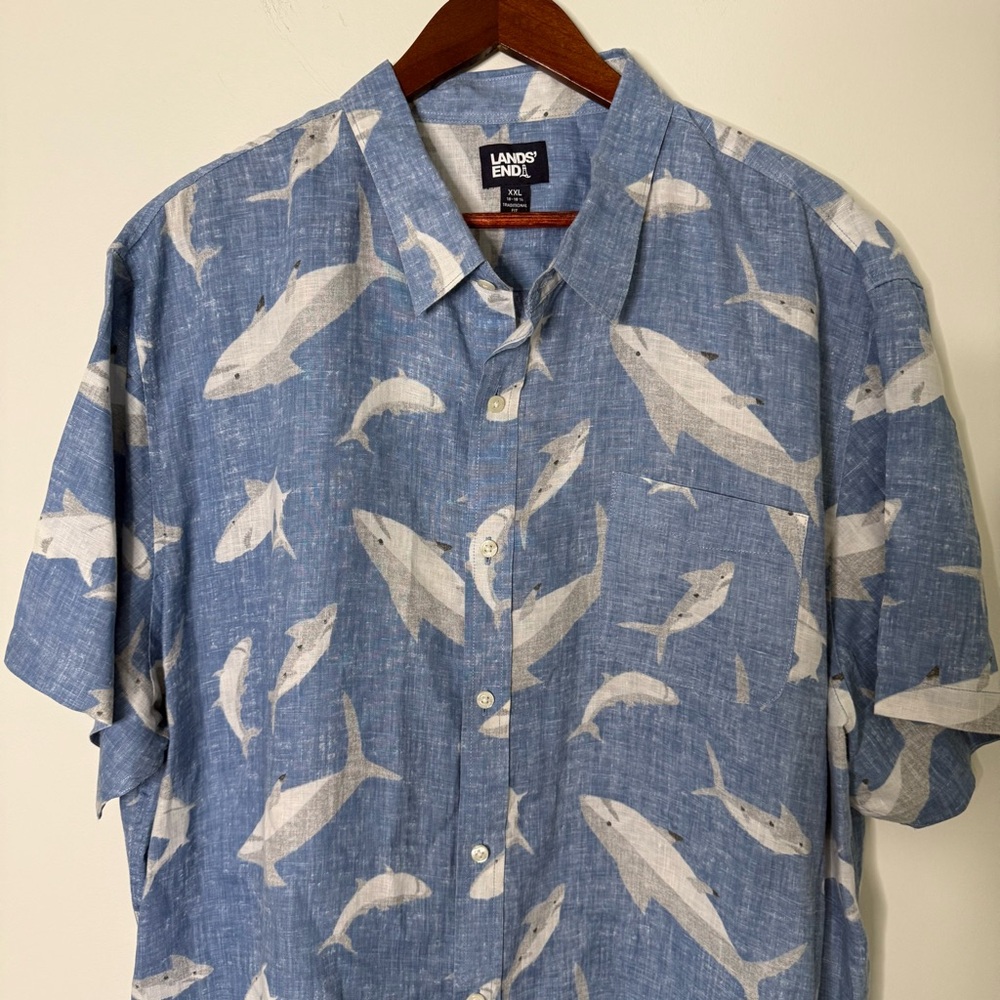 Lands' End 100% Linen Blue Shark Novelty Print Casual Shirt Size XXL - Picture 2 of 7